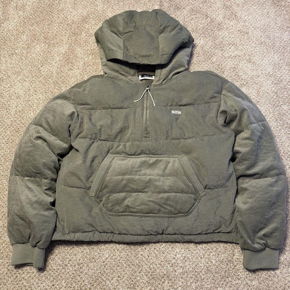 Kids Kith Quilted Pullover Hoodie Kangaroo Pocket Olive Half Zip XL 14/16 Unisex
